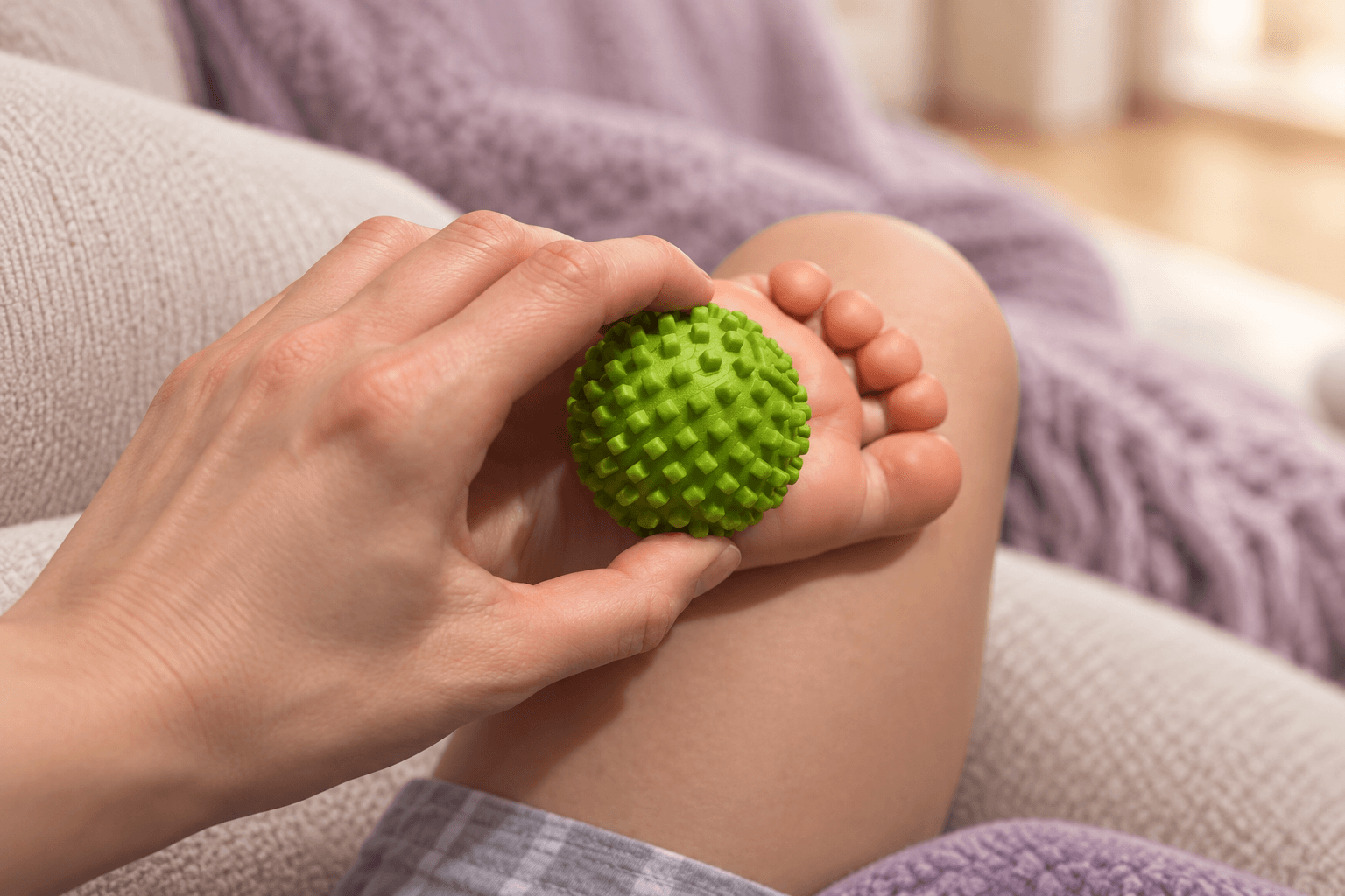 A close-up of a parent holding a textured green massage ball against a child's foot.