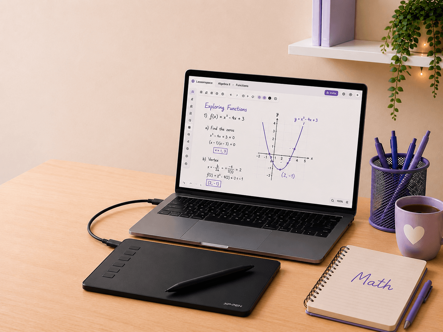 Desk setup with a laptop showing an interactive math lesson, a drawing tablet, and a notebook labeled Math